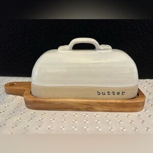Mud Pie Farm Butter Dish White Ceramic Farmhouse Kitchen Decor Country Cottage